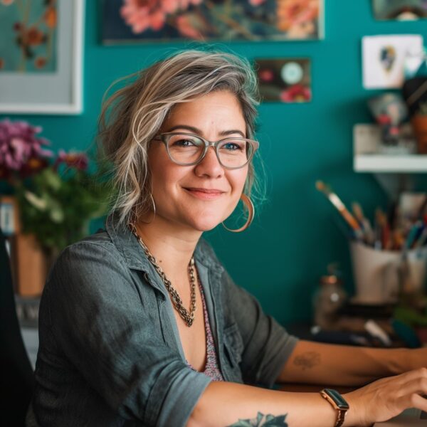 Picture of young, blonde woman with tattoos in colorful room smiling at the camera while seated at her computer desk after receiving her web solutions.