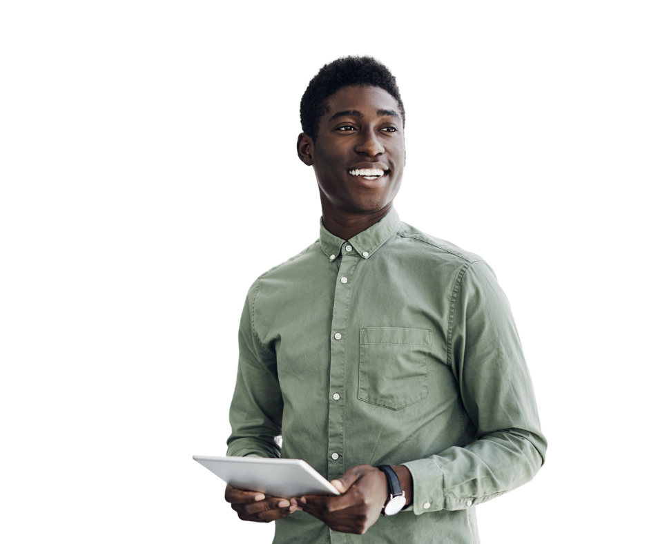 Picture of worker in green shirt holding an iPad